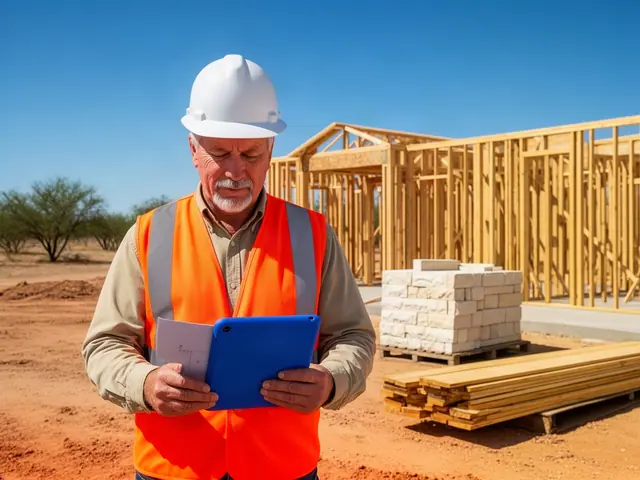 Older builder in a white hard hat and orange safety vest reading a blue-cased tablet at a framed house site