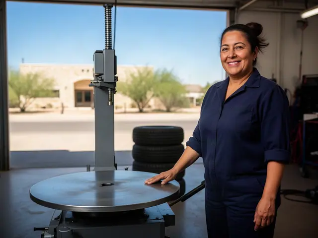 Smiling woman in a navy work shirt resting one hand on the steel turntable of a grey tire-changing machine