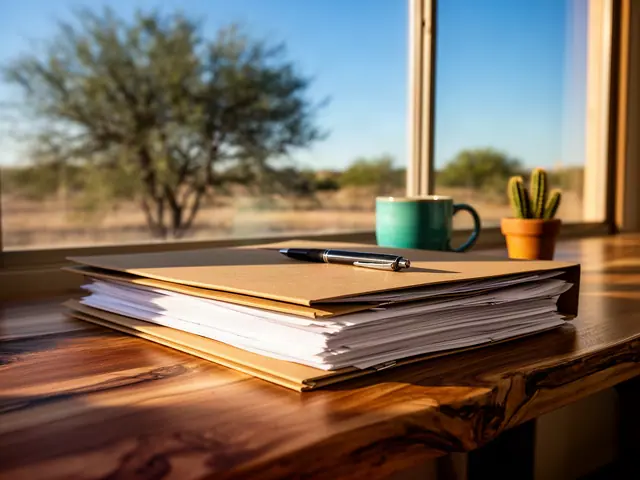 A stack of papers in kraft folders with a pen, green mug and cactus by a window with a mesquite tree.