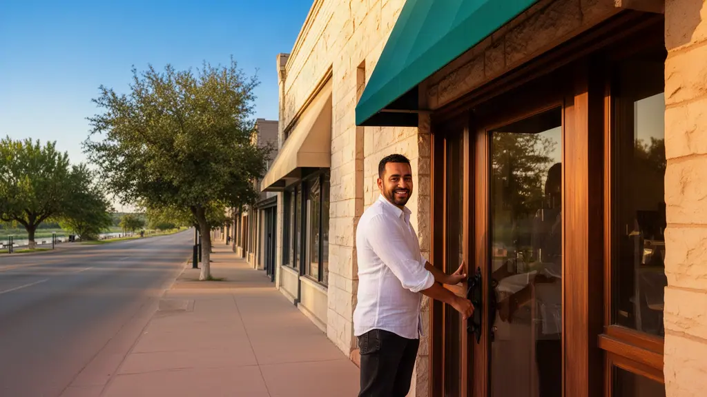 A smiling man in a white linen shirt opens the wooden door of his limestone shop under a teal awning.