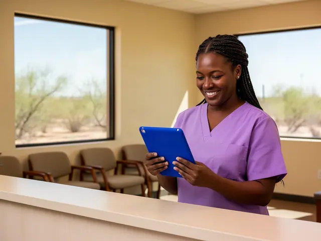 Smiling woman with long braids in lavender scrubs holding a blue-cased tablet behind a reception counter