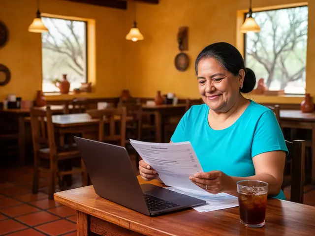 Smiling woman in a turquoise blouse reading papers at a wooden table with a laptop and iced tea