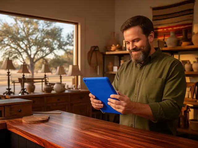 Bearded man in an olive shirt smiling at a blue-cased tablet behind a wooden counter in a furniture store