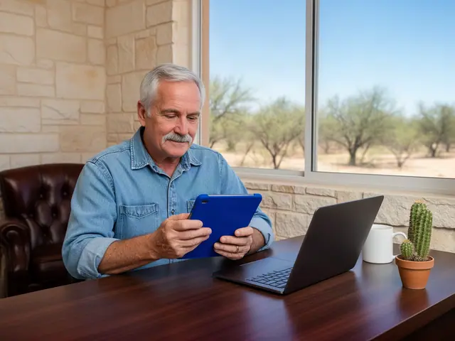 Grey-haired man with a moustache in a denim shirt looking at a blue-cased tablet at a dark wood desk