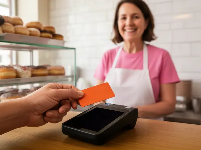 Hand holding a plain orange card above a black card terminal at a donut shop counter, owner smiling behind