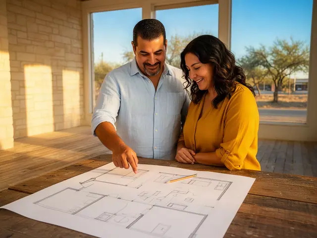 Man and woman smiling over a hand-drawn floor plan sketch on a wooden table in an empty limestone room