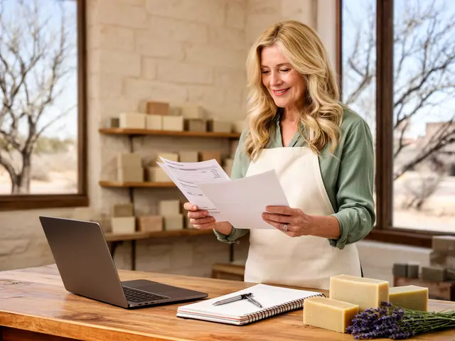 Woman with long blonde hair in a cream apron reading papers at a wooden table with a laptop and soap bars